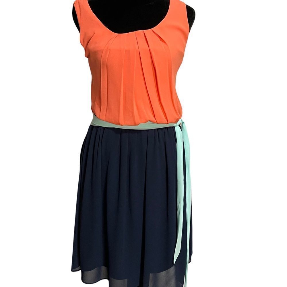 Maurices Women's Navy Blue Coral Blouson Dress Size Medium Color Block Belted